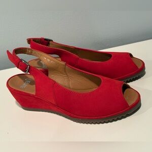 Ara Red Suede Colleen Slingback Leather Wedge Sandals - Size 6.5